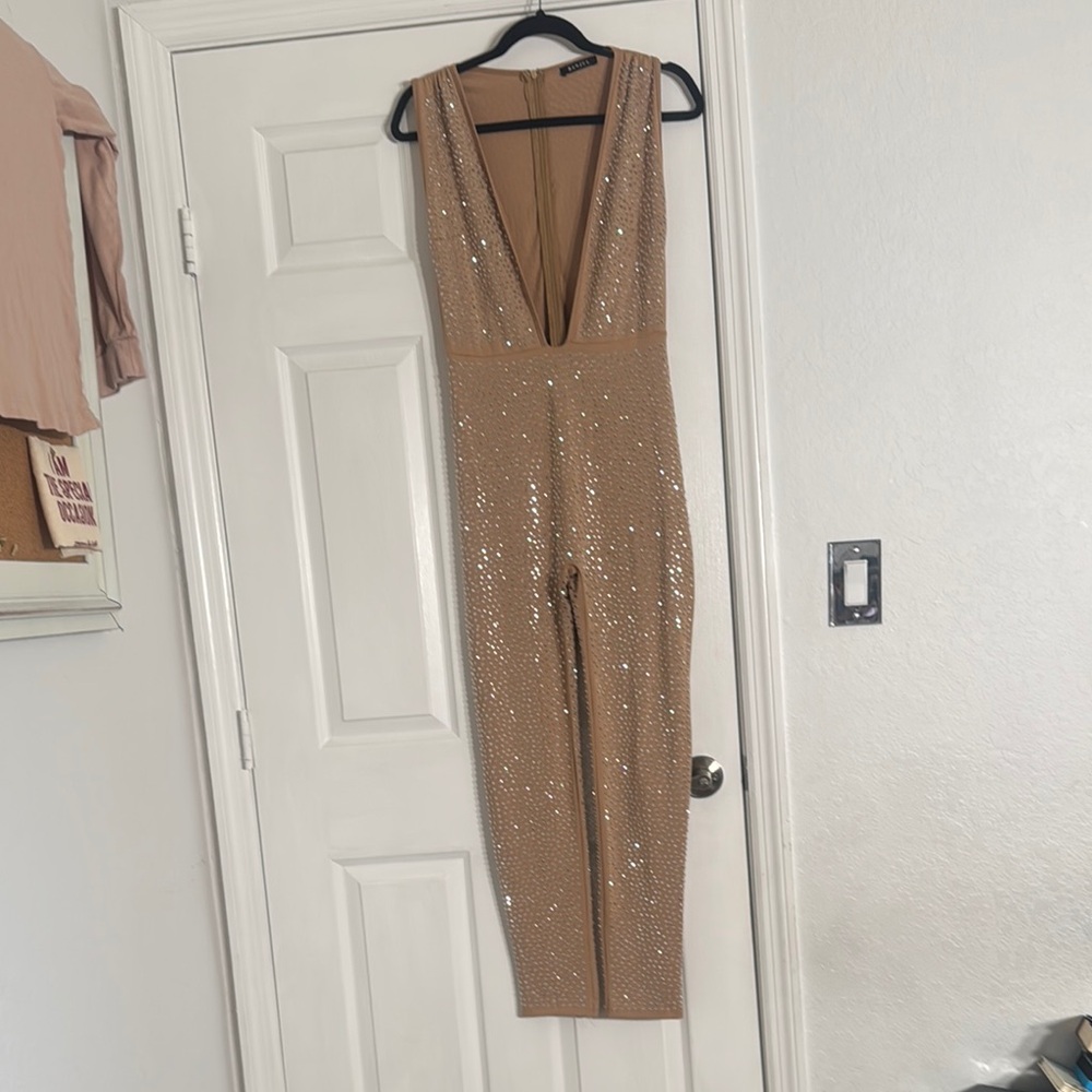 Banjul Beige Knit Jumpsuit with Plunging V-Neckline
